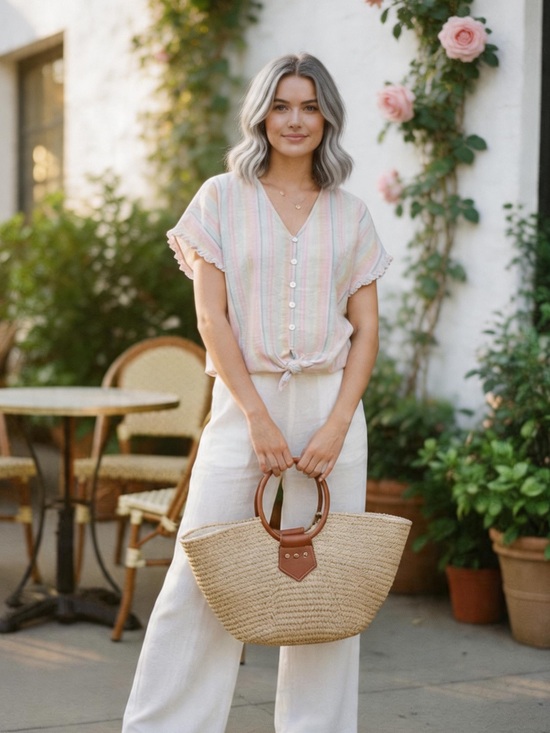 French Laundry Tops - French Laundry Pastel Pink Rainbow Stripe Ruffle Sleeve Tie Front Blouse Size L